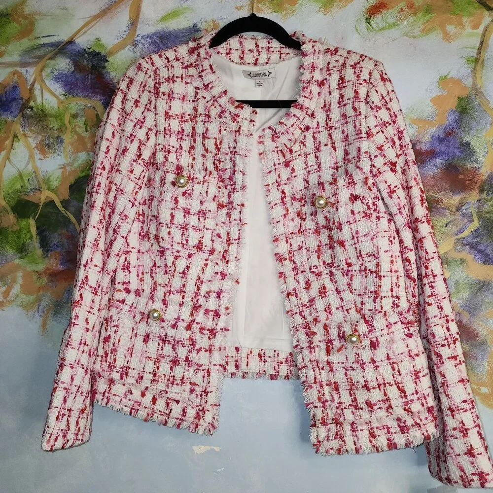Nanette Lepore Women's Tweed Jacket Pearl Button Accents Fringe Details Size 6 - Picture 1 of 11
